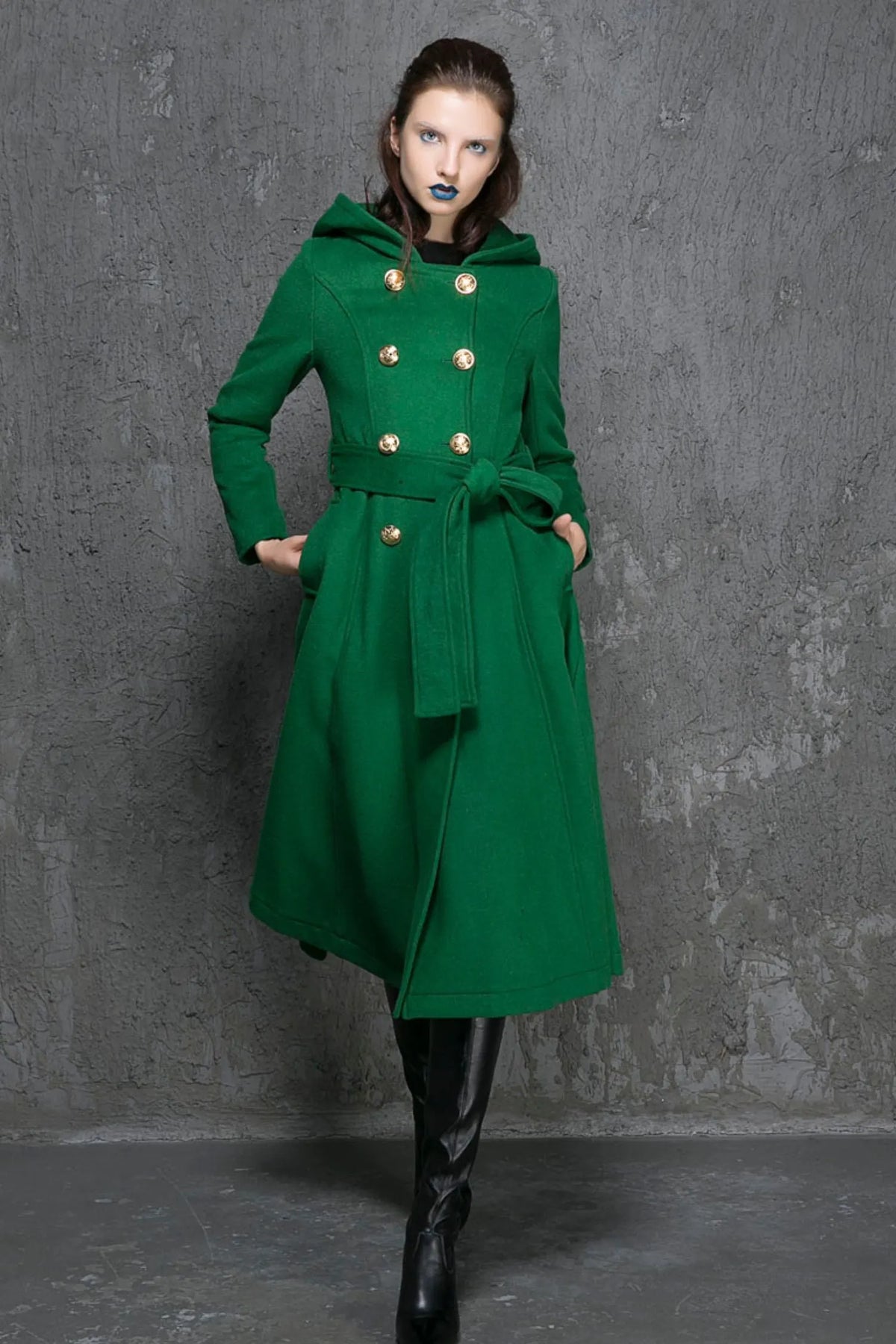 Army Green Wool Coat - Double-Breasted A-Line with Hood 1346