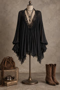 Black Sheer Lace Trim Tunic Blouse