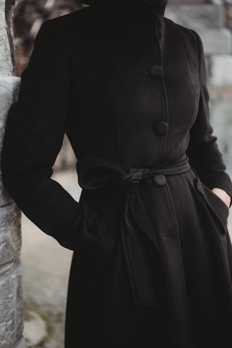 Handmade Black Wool Coat – Long Single-Breasted High-Collar Winter Overcoat for Women 