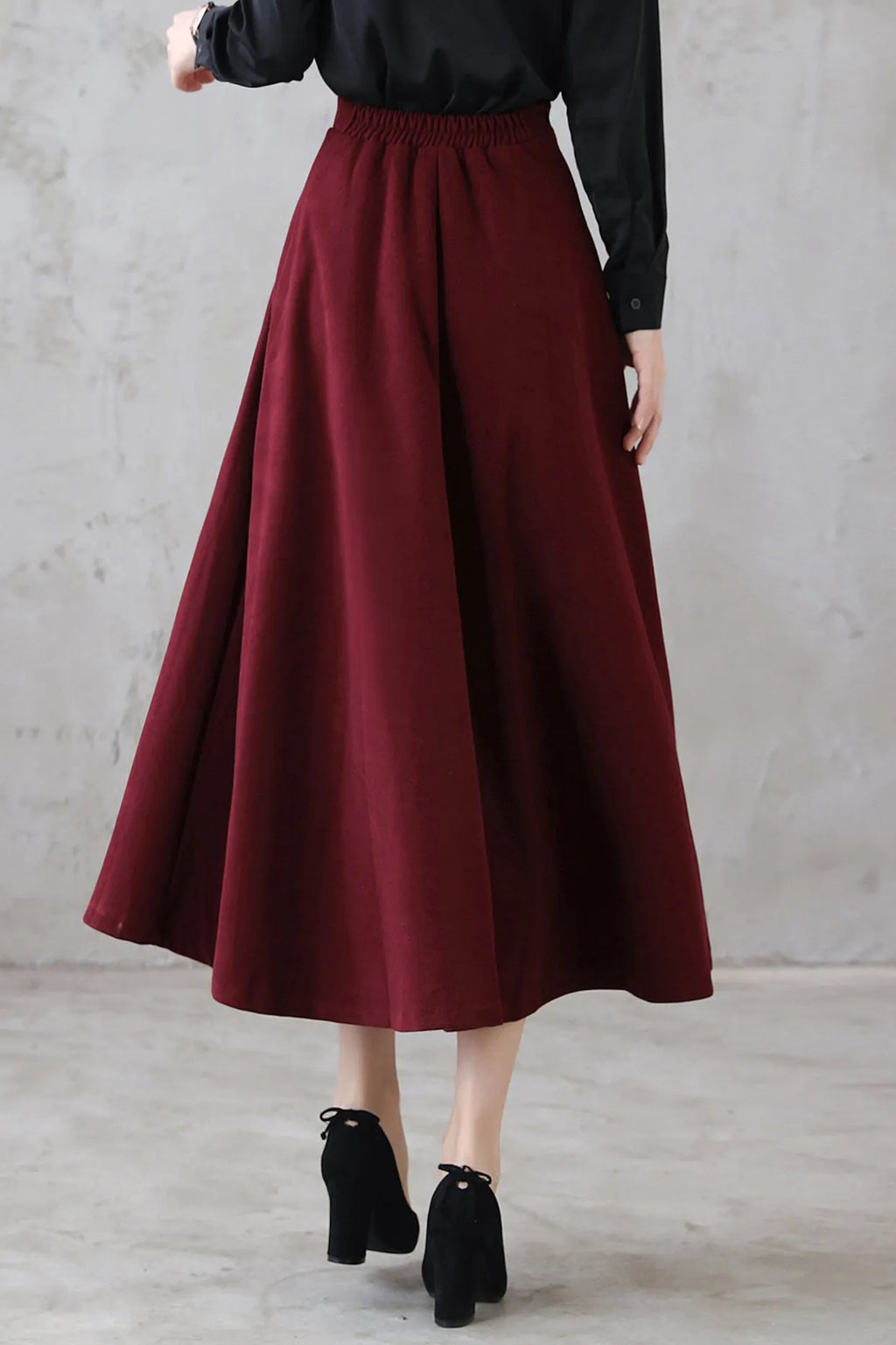 Burgundy Wool Midi Skirt - High Waist Flared A-Line Silhouette 3114