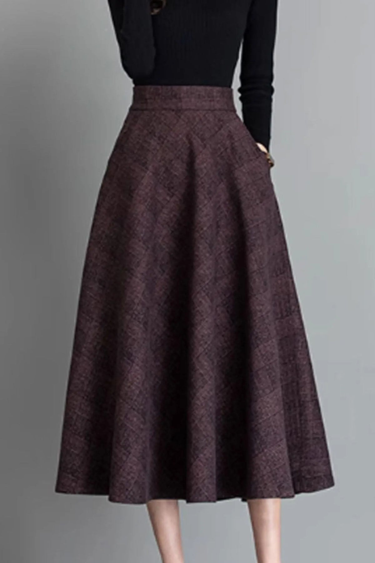 Burgundy Wool Midi Skirt - Vintage A-Line Silhouette 4641-4