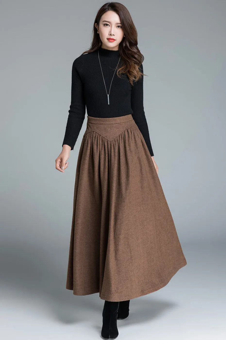 Brown Wool Maxi Skirt - Vintage High Waist A-Line Silhouette 1642