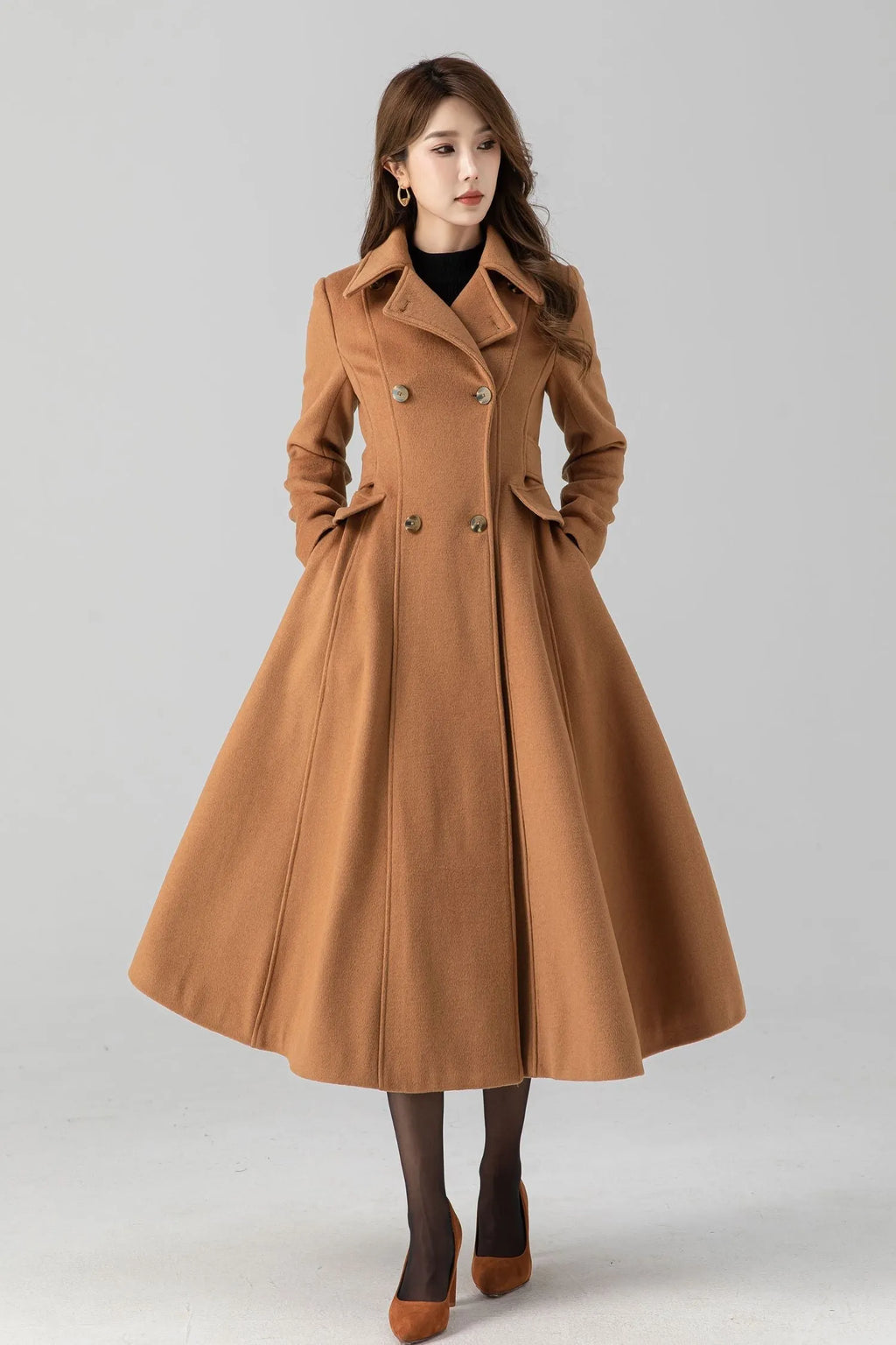 Camel Wool Swing Coat – Vintage Double Breasted Long Winter Overcoat 4668
