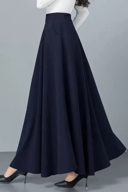 Black Cotton Blend A-Line Long Skirt - Back Elastic Waist 4092