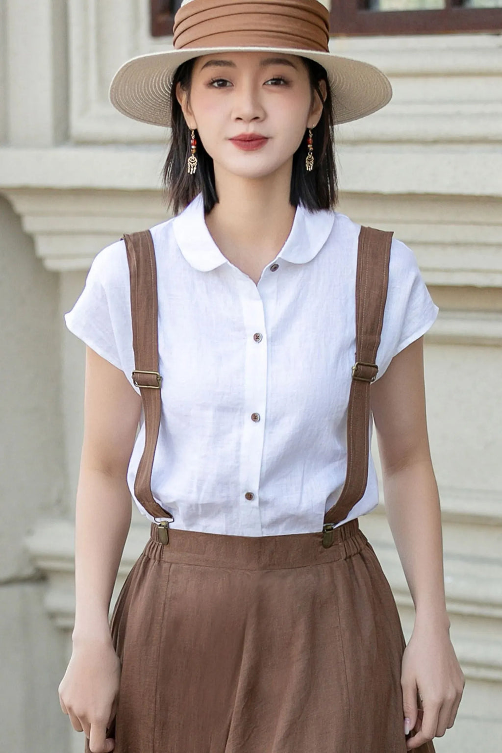 White Linen Shirt Top - Loose Fit, Lapel Collar 4921