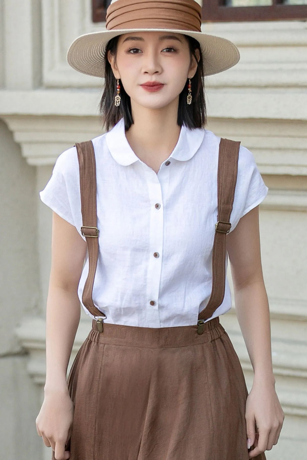 White Linen Shirt Top - Loose Fit, Lapel Collar 4921