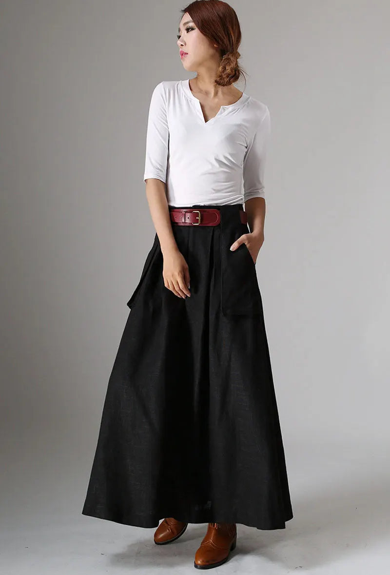 Black Linen Maxi Skirt - Big Pocket Detail 979