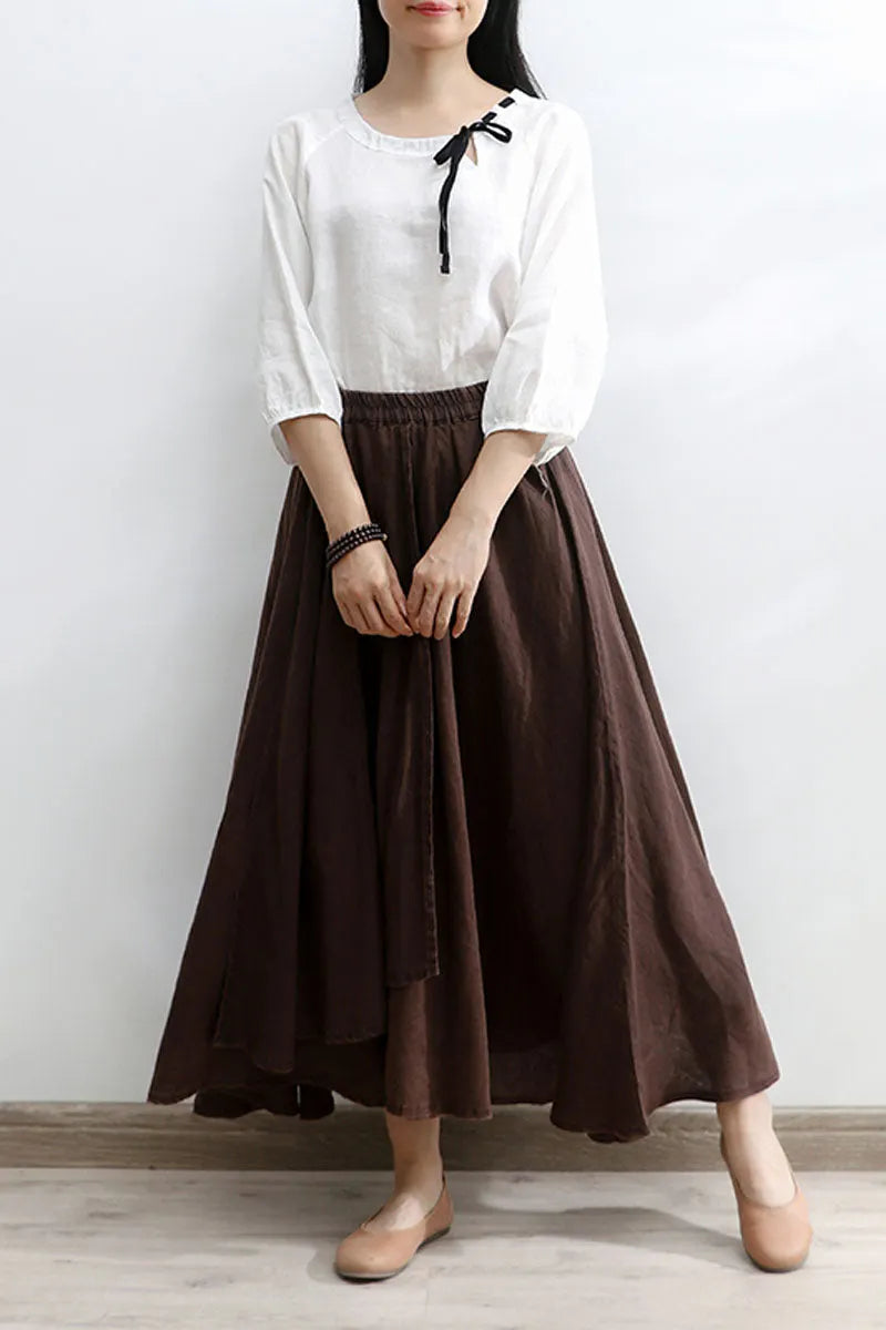 Burgundy Linen Cotton Maxi Skirt - Asymmetrical Soft Flow 4301