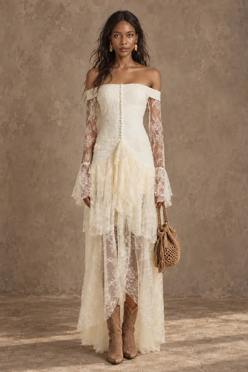 Cream Lace Off-Shoulder Maxi Dress