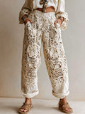 Women's Vintage Floral Embroidered Art Print Casual Pants