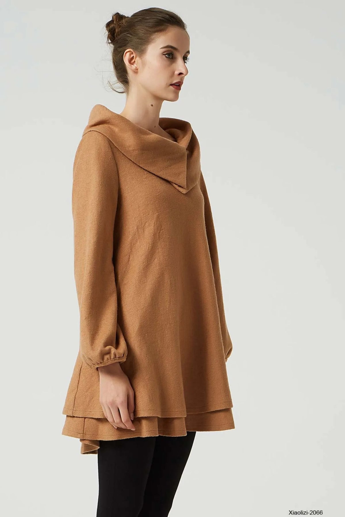 Camel Wool Tunic Dress - Oversized Silhouette with Asymmetrical Collar 2066