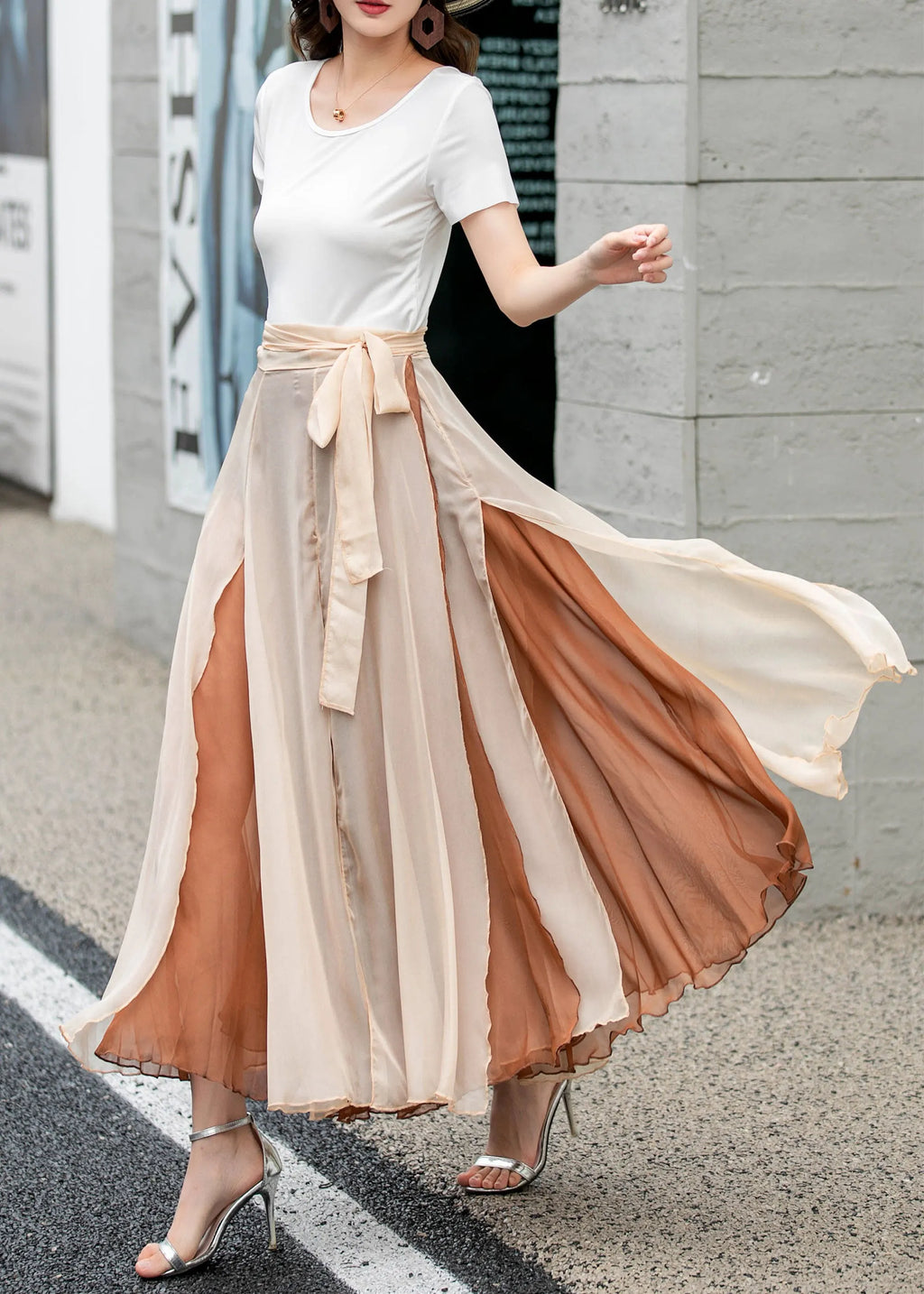 Apricot Chiffon Midi Wrap Skirt - Flowing Circle Silhouette 4277