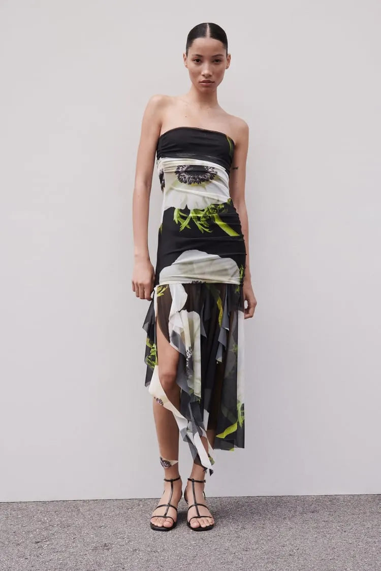 Gardenia Floral Mesh Pleat Tube Midi Dress