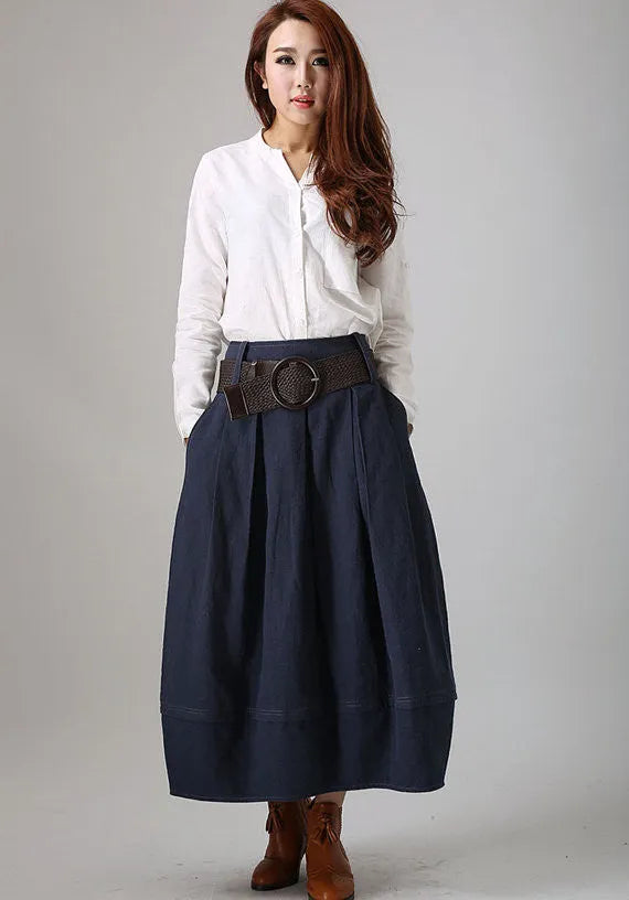 Navy Linen Blend Bubble Skirt - Above Ankle Length with Side Pockets 778