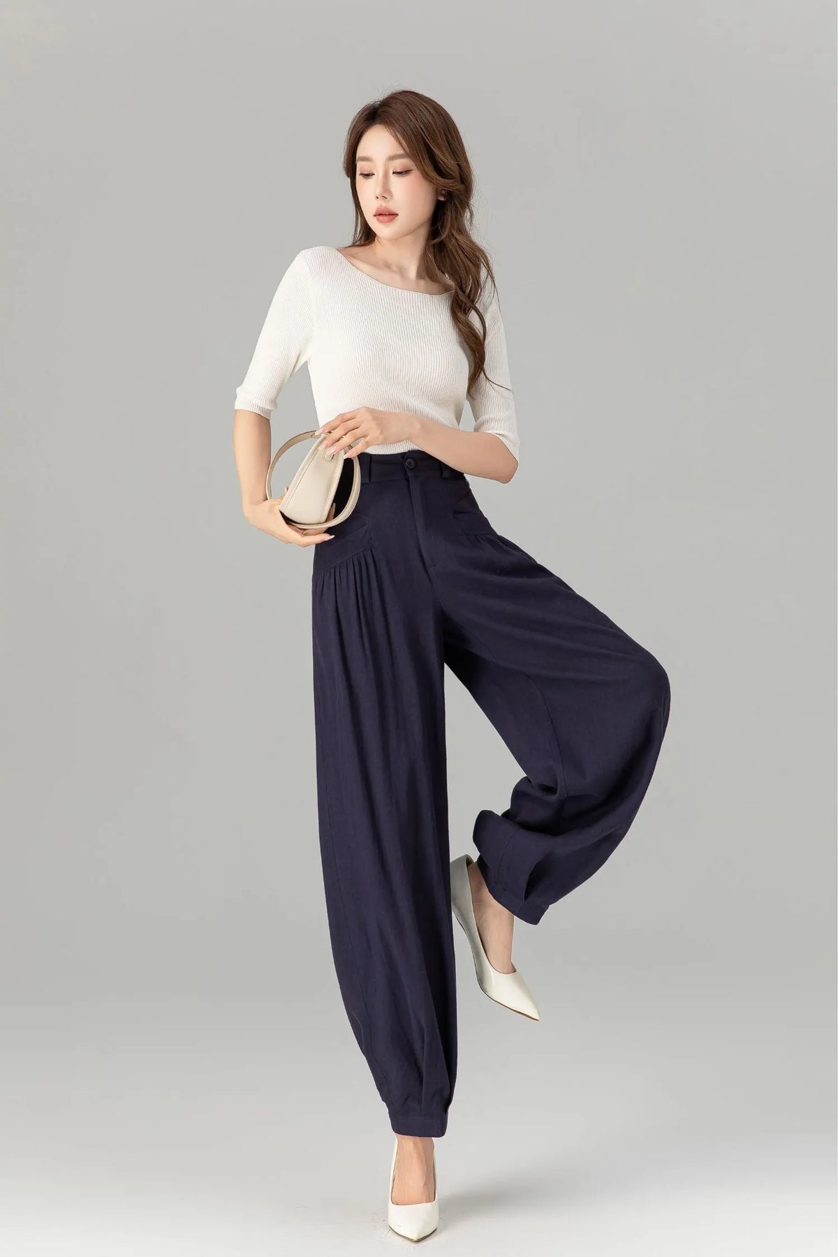 Navy Linen Wide Leg Pants - Loose Fit with Lantern Silhouette 4937