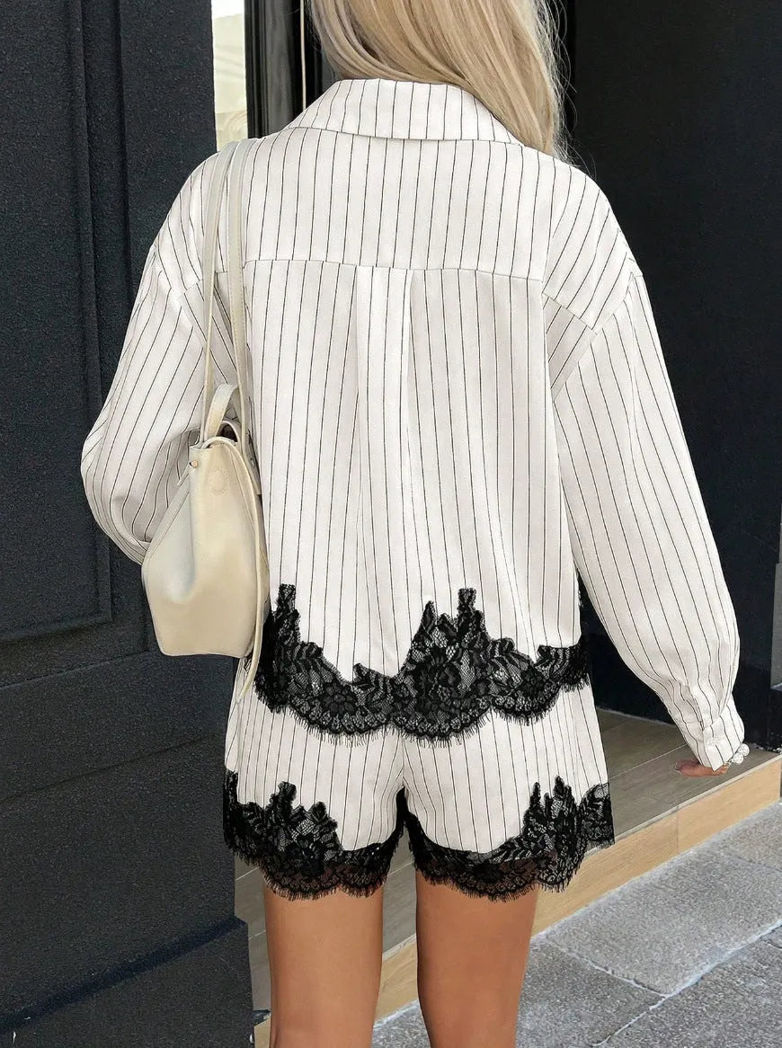 Lace Patchwork Stripes Shirt and Shorts Two-Piece Set