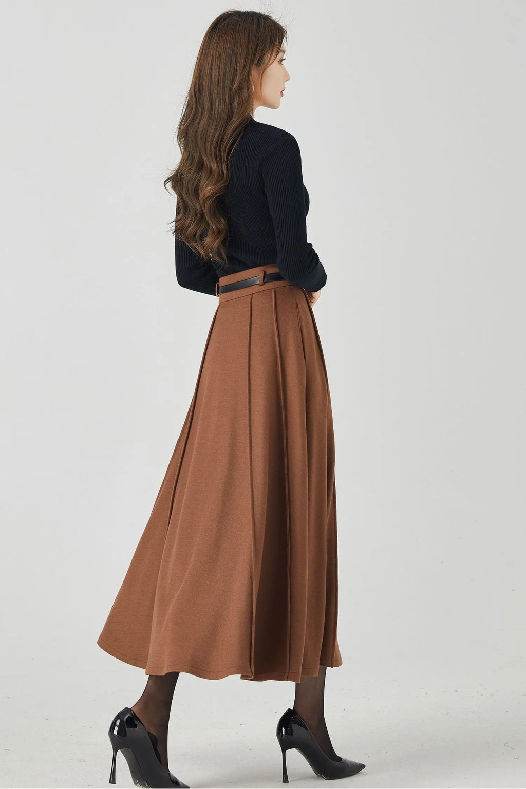 Brown Wool Pleated Midi Skirt – High Waist Winter Skirt with Pockets 4531