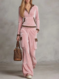 Retro Sporty Pink Velvet Leopard-Trim Hooded Half-Zip Top And Cargo Wide-Leg Pants Set