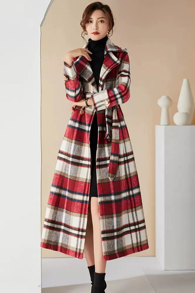 Handmade Plaid Wool Coat – Vintage Red Check Double-Breasted Long Belted Overcoat 