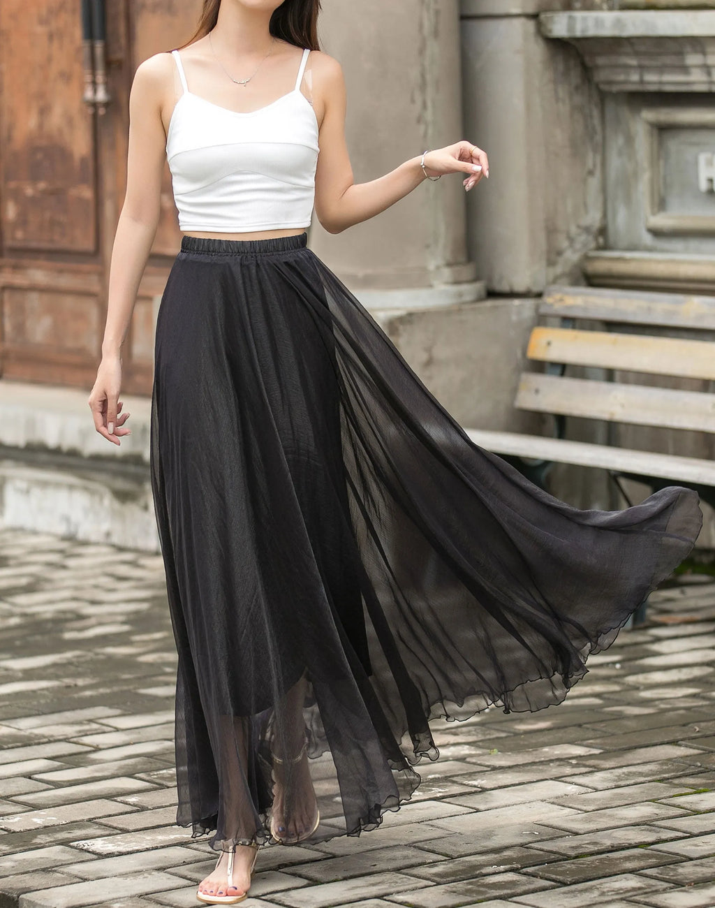 Black Chiffon Maxi Skirt - Elastic Waist, Circle Flowy Silhouette 3692