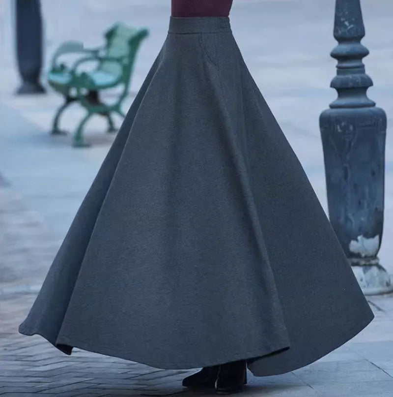 Brown Wool Maxi Skirt - A-Line Silhouette with Side Pockets 4746