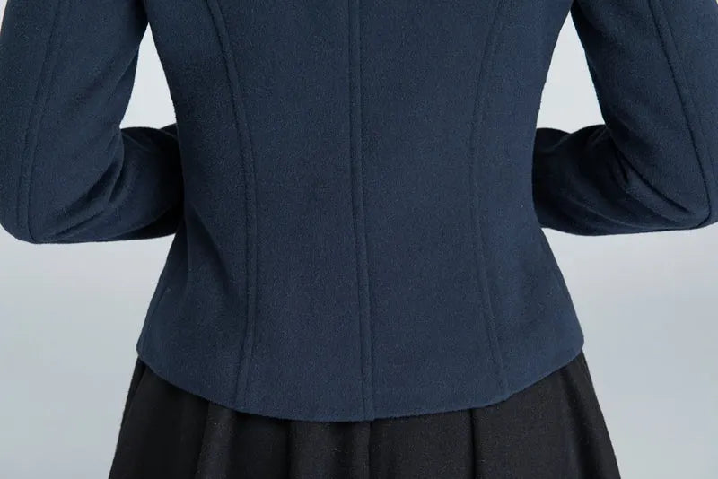 Dark Blue Wool Short Coat - Single Breasted Pockets 