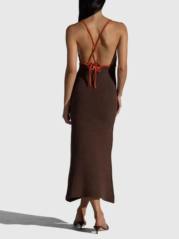 Knitted Suspender Halterneck V-Neck Graceful Backless Sexy Midi Dress