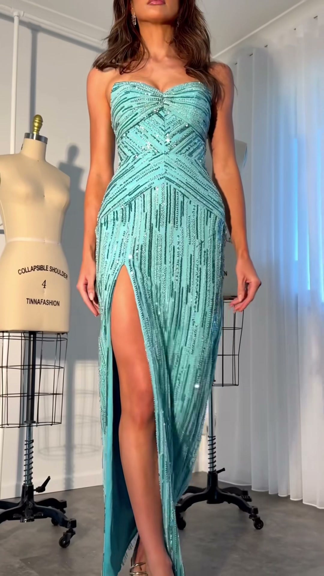 turquoise-sequin-fringe-gown-strapless-bow-bodice-maxi-dress