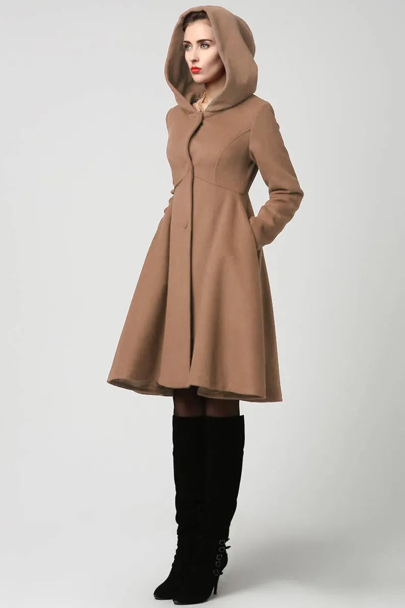 Vintage Wool Blend Hooded Coat – Handmade Winter Overcoat 2647