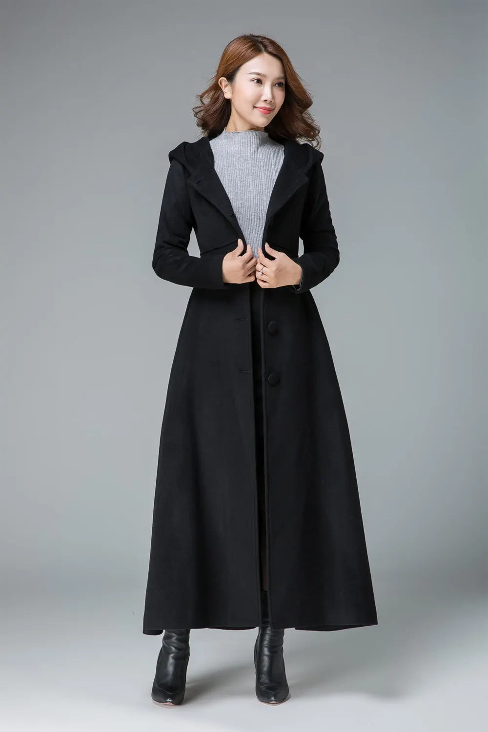 Black Wool Hooded Coat – Vintage A-Line Maxi Overcoat for Women 1839