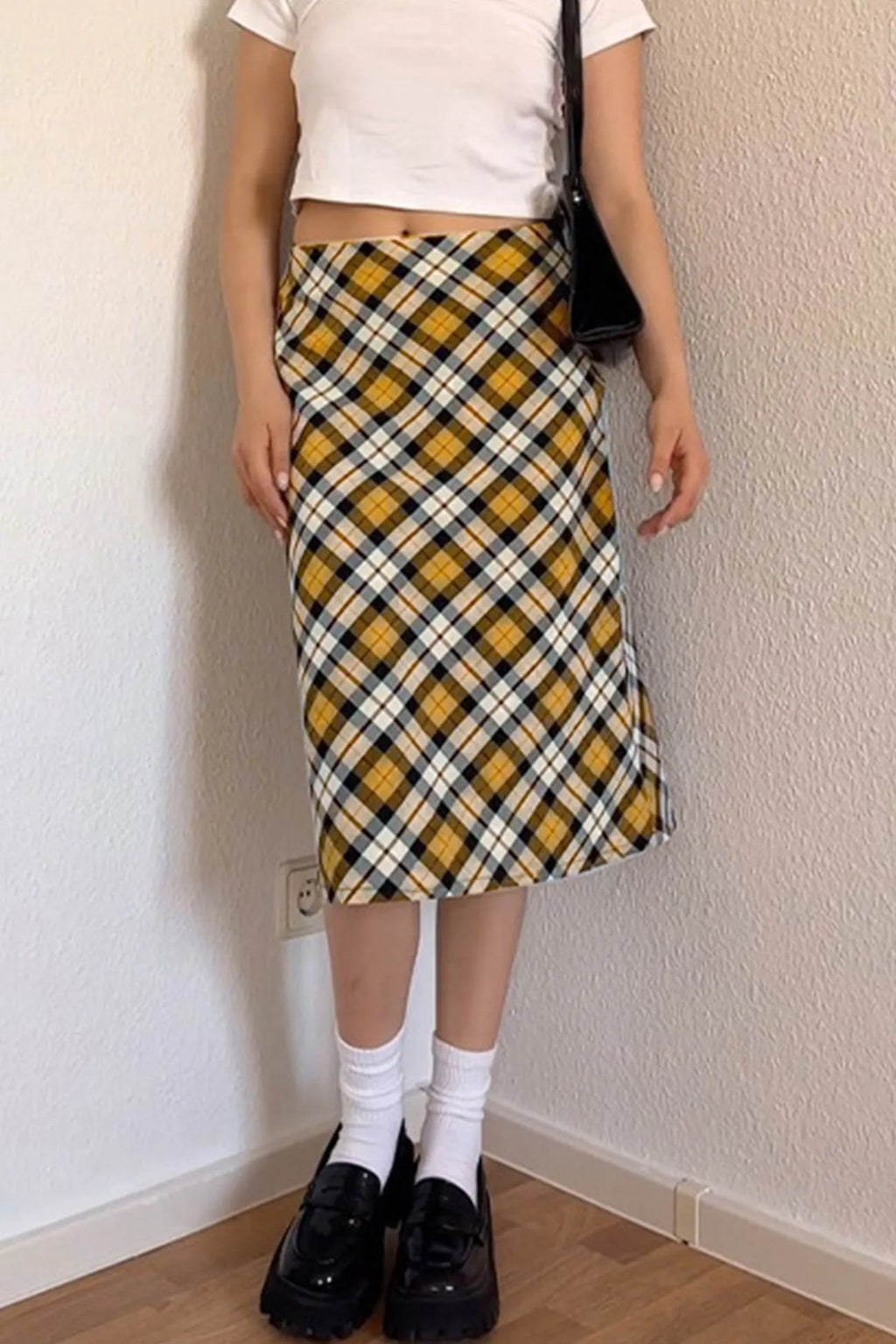 Contrast Plaid High waist Midi Skirt
