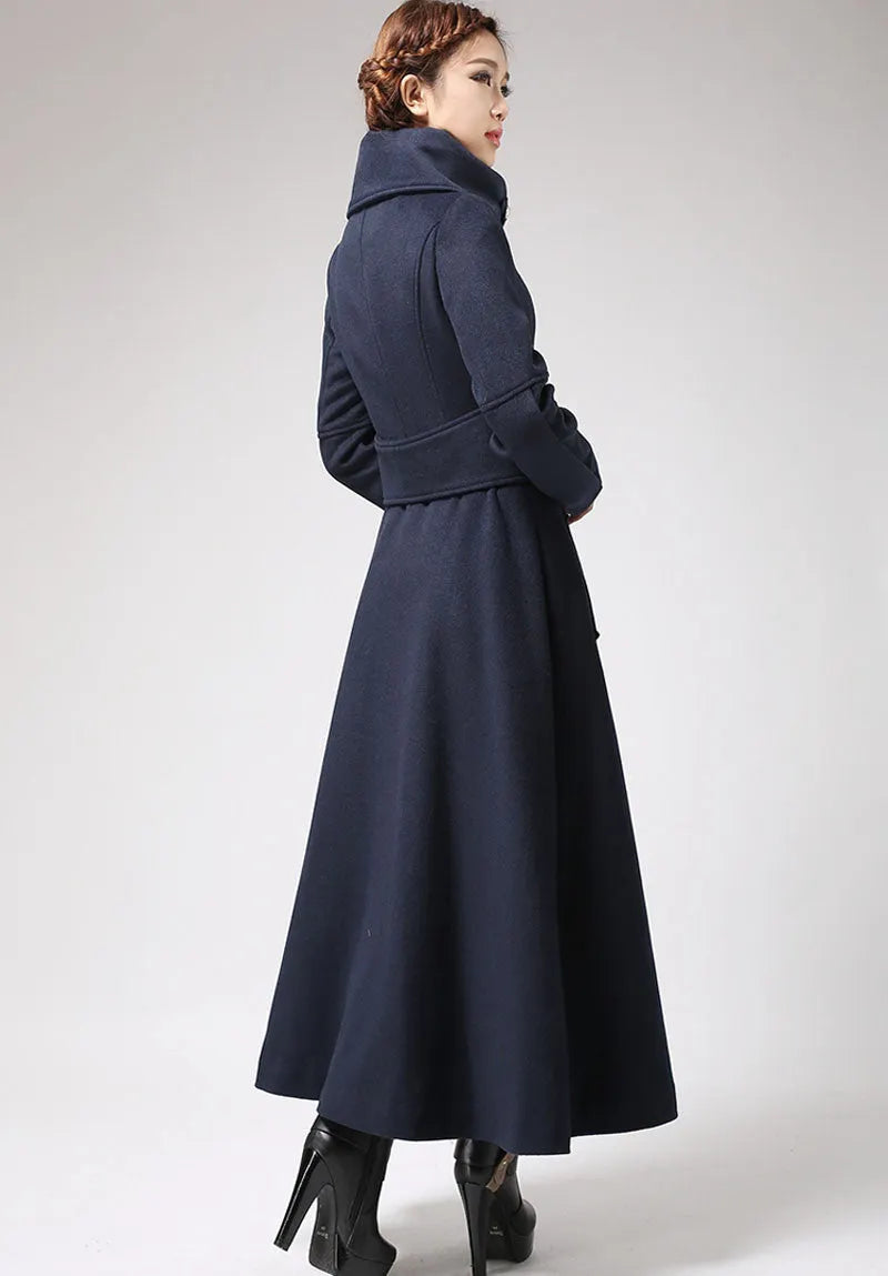 Navy Blue Wool Military Coat – Vintage Long Winter Overcoat with Silver Buttons 0701