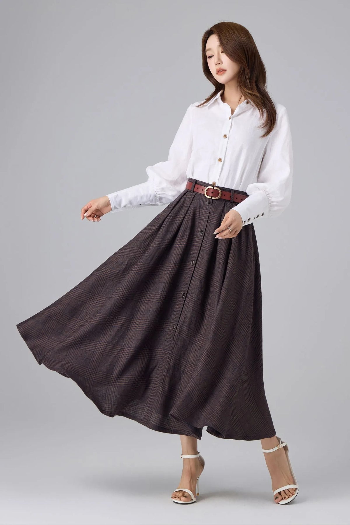 Brown Linen Cotton Skirt - Plaid High Waist 