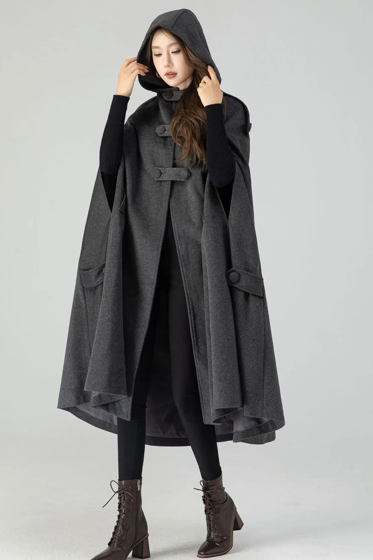 Wool Hooded Cape Coat – Vintage Mid-Length Winter Cloak 5252