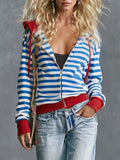 Retro Lazy Front Zip Striped Cotton Hoodie