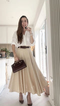 High Waist A-Line Skirt – Linen Cotton Circle Skirt with Pockets 6945