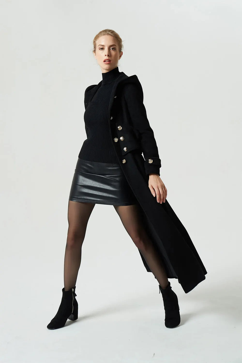 Black Wool Blend Hooded Maxi Coat - Military Style with Wide Waistband 1953