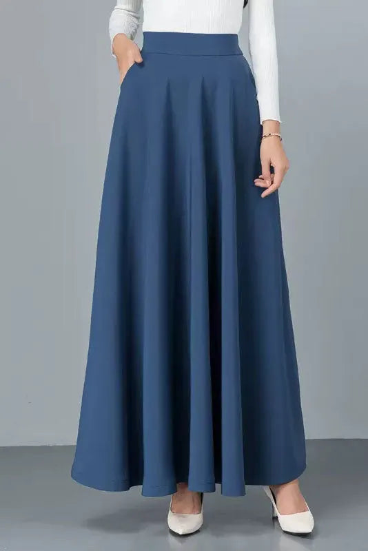 Black Cotton Blend A-Line Long Skirt - Back Elastic Waist 4092