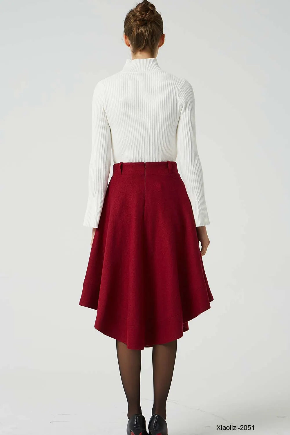 Red Wool Skirt - High Waisted with Asymmetrical Hem and Pockets 2051