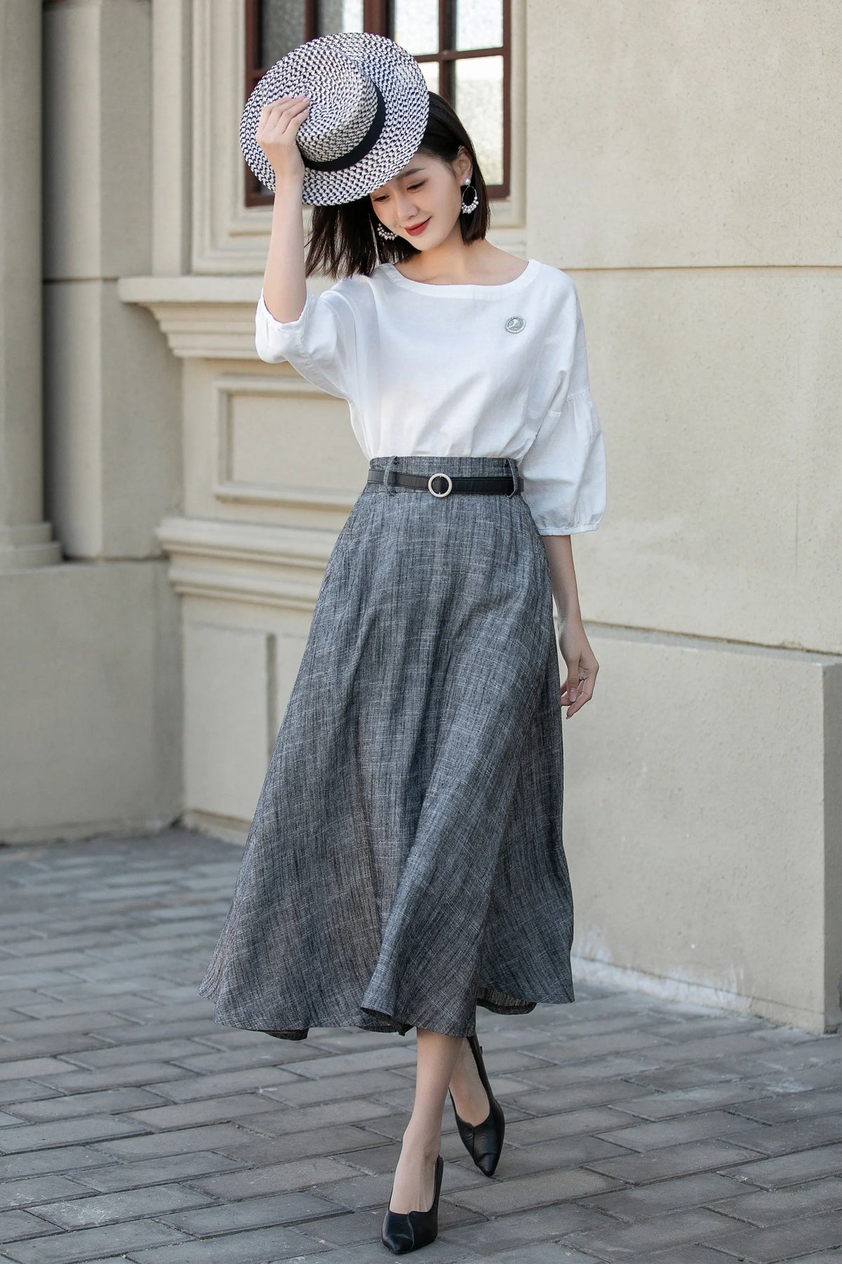 Handmade Gray Linen Skirt – Vintage A-Line Midi Skirt with Pockets 