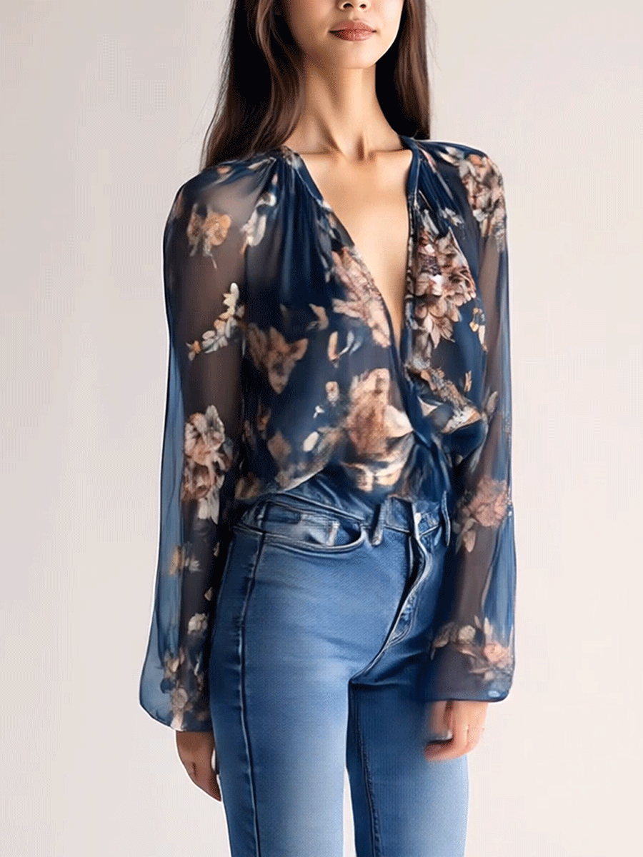 Elegant Bohemian Navy Floral Shirt