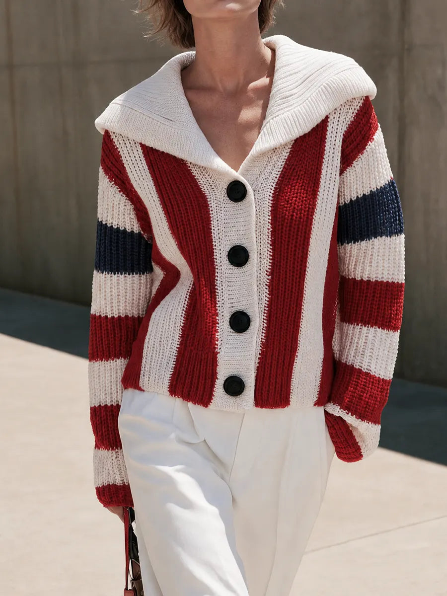 Women's Striped Shawl Collar Red White Navy Cardigan MDZ2734H7YZJ