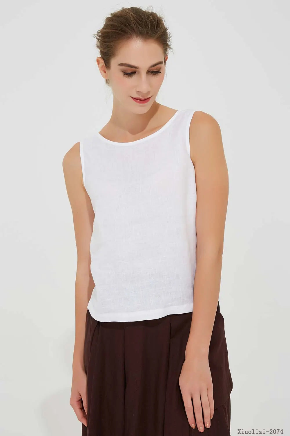 White Linen Sleeveless Tank Top - Soft Round Neck Summer Blouse 2074