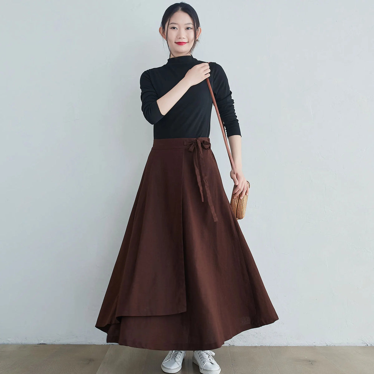 Brown Linen Blend Long Wrap Skirt - Asymmetrical, Elastic Waist 2553