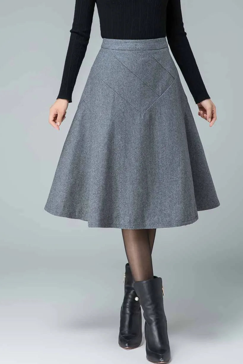 Gray Wool A-Line Skirt - Seam Detail Banded Waist 