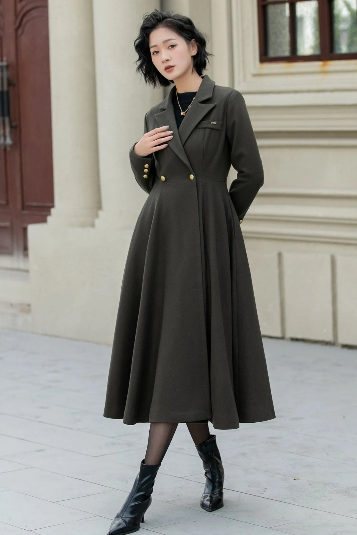 Army Green Wool Fit and Flare Double Breasted Coat - Fitted Waist 5459