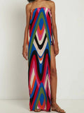 Strapless Side Slit Moiré Print Maxi Dress