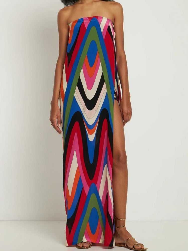 Strapless Side Slit Moiré Print Maxi Dress