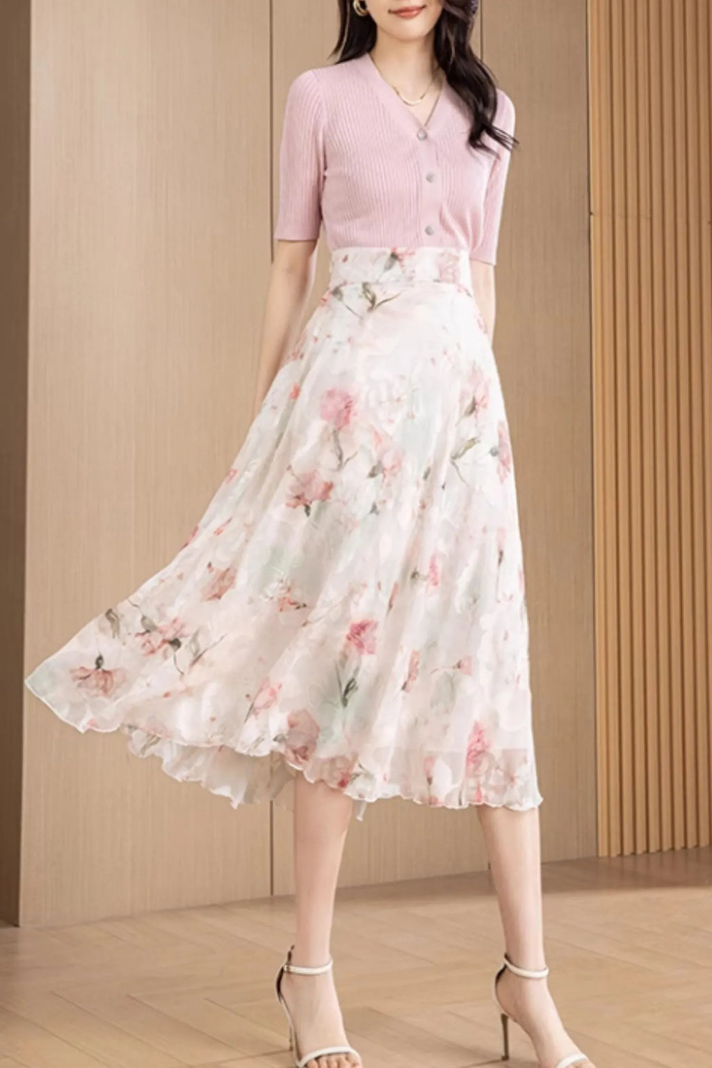 Midi high waisted printed chiffon skirt 6189