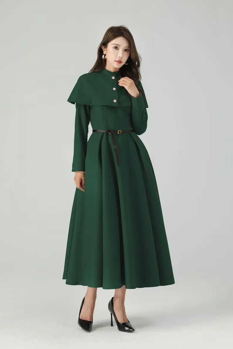 Dark Green Wool Midi Dress - Swing Silhouette with Detachable Cape 4560